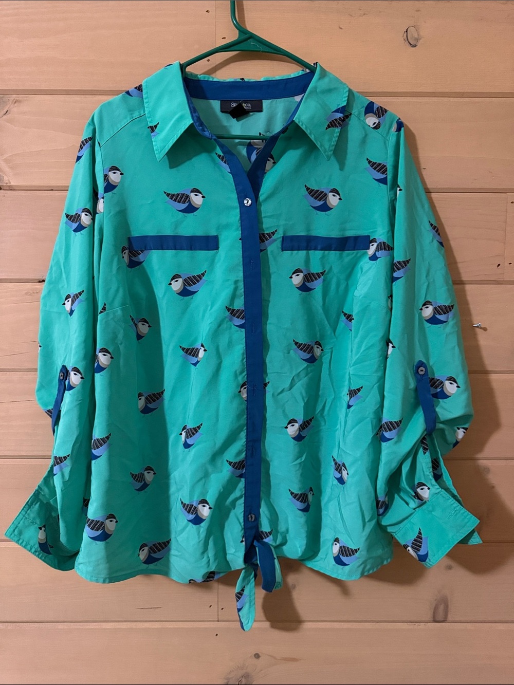 Style & Co. Teal Bird-Print Button-Down Shirt with Navy Trim